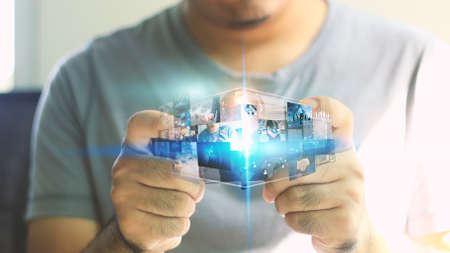 Hand touch screen smart phone virtual screen. Social media concept.の写真素材