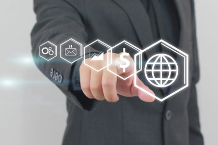 Hand touch screen Social media icons.Digital technology concept,Social media,social networkの写真素材