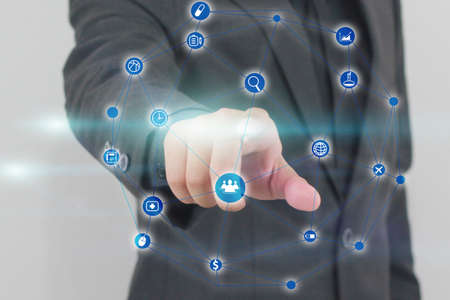 Hand touch screen Social media icons.Digital technology concept,Social media,social networkの写真素材