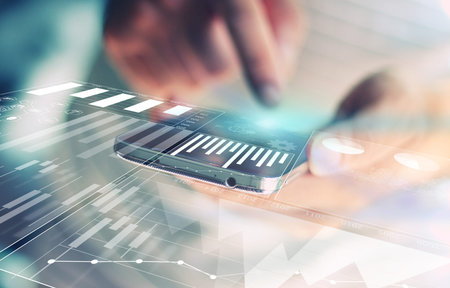 Hand touch screen smart phone.Digital technology concept,business graph interface on screen.