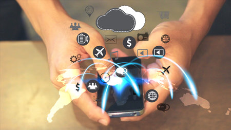 Hand touch screen smart phone. Social media concept.