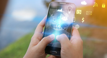 woman hand touch screen smart phone.Digital technology concept,Social media,social network