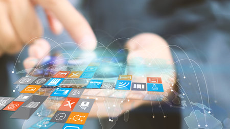 Hand touch screen smart phone.Digital technology concept,Social media,social network