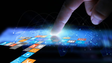 Hand touch screen smart phone.Digital technology concept,Social media,Social network