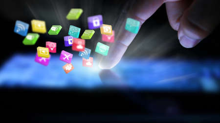 Hand touch screen smart phone.Digital technology concept,Social media,iconsの写真素材