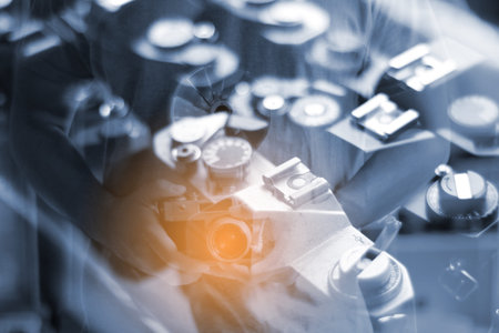 Double exposure of photographer,Camera blurred background.