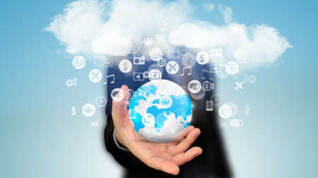 Hand holding social icons. social media conceptの写真素材