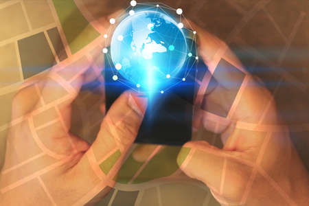 Hand touch screen smart phone. Social network concept.の写真素材