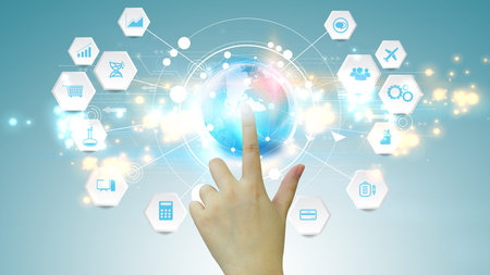 Hand touch screen smart phone, Application icons interface on screen, Social media, connect to the...