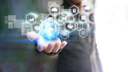 Global technology with social icons. Social media conceptの写真素材