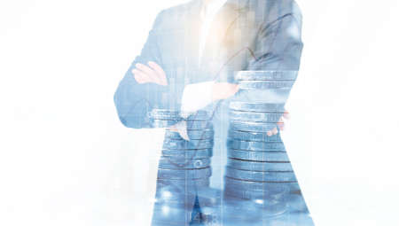 Double exposure of businessman. business financial or Investment backgroundの写真素材