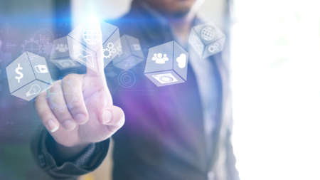 hand touch screen social icons, Social media concept.の写真素材