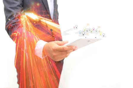 Double exposure of Businessman using digital tablet connect global internet telecommunicationの写真素材