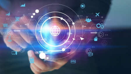 Hand touch screen smart phone, icons interface on screen, Social media, connect to the future concept.の写真素材