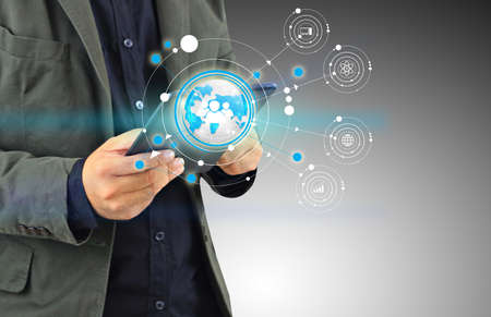 Hand touch screen digital tablet, icons interface on screen, Social media, connect to the future concept.の写真素材