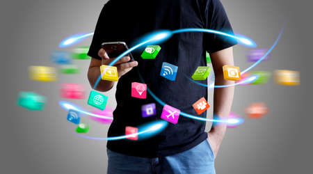 Application icons interface on smartphone. Social media conceptの写真素材