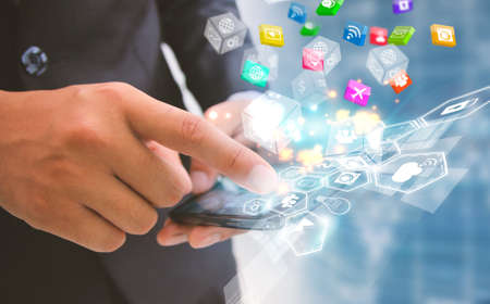 Businessman touch social media isons. Social media concept.の写真素材