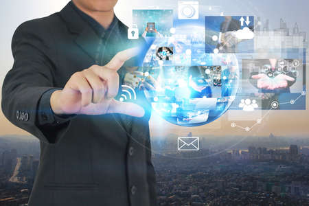 Businessman holding virtual screen.business conceptの写真素材