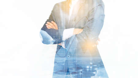 Double exposure of businessman. business financial or Investment background                                                                                                   の写真素材