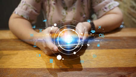 woman touch application icons interface on smartphone. Social media concept                                 の写真素材