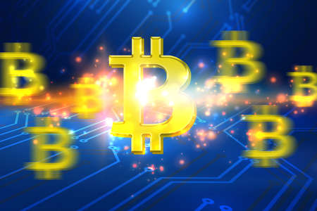 Bitcoin symbol and electrical circuit background. Digital currencyの写真素材