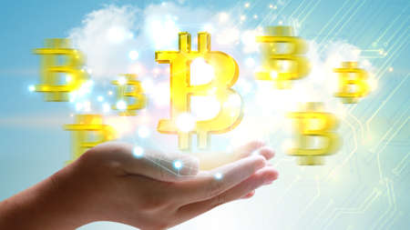 hand holding bitcoin symbol. Digital currency, Financial Internet Technology Concept.       の写真素材