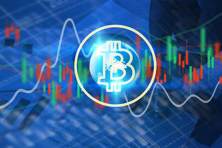 Bitcoin symbol and  Financial graph background. Digital currency, Financial Internet Technology Concept.  の写真素材