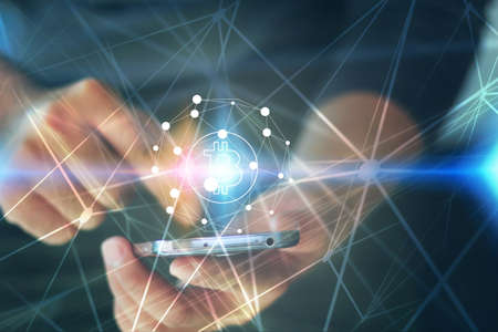 bitcoin on smartphone screen for online payment . digital currency, e-Money, Financial Internet Technology Concept.の写真素材