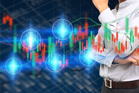 Bitcoin and currency symbol. Financial graph background. Digital currency, Financial Internet Technology Concept.    の写真素材