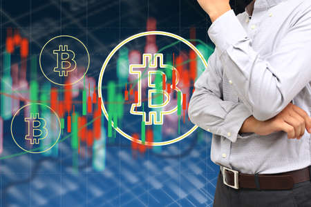 Bitcoin symbol and Financial graph background. Digital currency, Financial Internet Technology Concept.    の写真素材