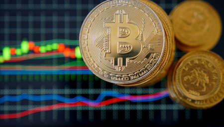 Bitcoin symbol. Financial graph background, crypto currencyの写真素材