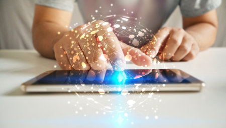 hand touch screen smartphone. World connected, social network concept