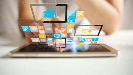 hand touch screen social icons . social media concept                                 