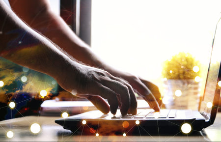 Man using laptop connect to internet. Social network concept. 