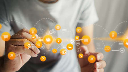 hand drawn icons connecting interface on screen. Social media concept                の写真素材