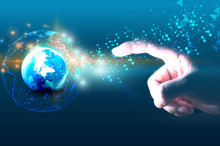 Fingers reaching out to globe. Social network concept.の写真素材