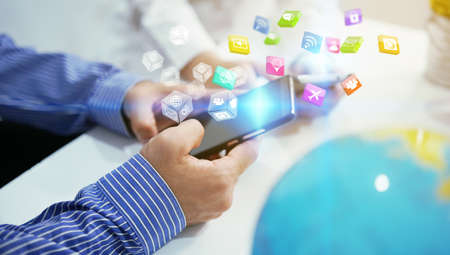Global network with icons interface on screen, Social media concept                                         の写真素材