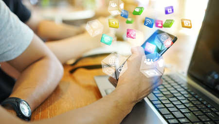 Hand using smartphone connecting, Social network concept.の写真素材