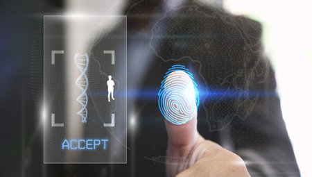 Businessman login with fingerprint scanning technology. fingerprint to identify personal, security...