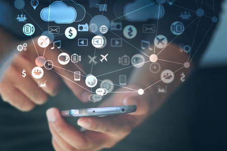 Young man using smartphone connecting, Social media concept.