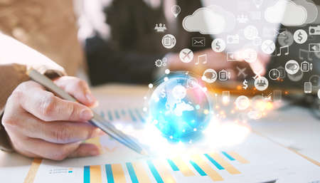 Global network with icons interface on screen, Social media conceptの写真素材