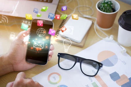 Social icons interface on smartphone, Social media conceptの写真素材