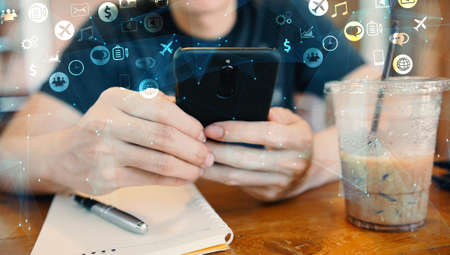 Social icons interface on smartphone, Social media conceptの写真素材