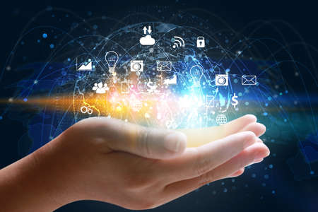 Social media concept. Social icons interface on handの写真素材
