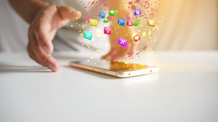 Social icons interface on smartphone, Social media concept