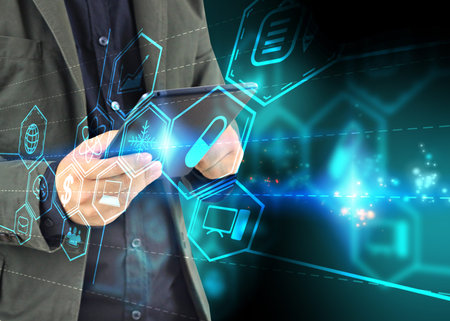 hand touch screen tablet. World connected, social network concept