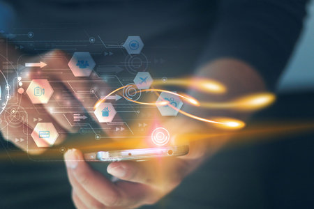 hand touch screen smartphone. World connected, social network concept