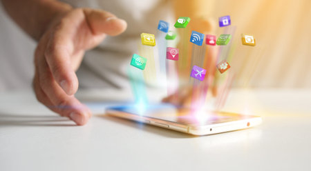 businessman working with smartphone modern technology as social media concept                       ...