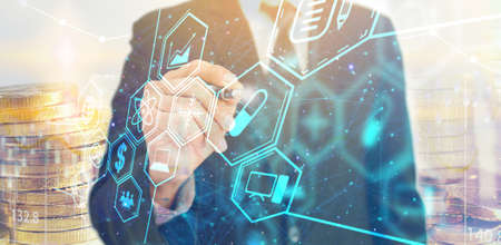 hand drawing icons medical network on virtual screen interface                        の写真素材