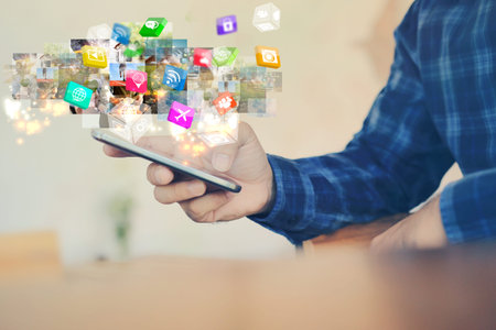 Hand using smartphone connecting, Social media concept